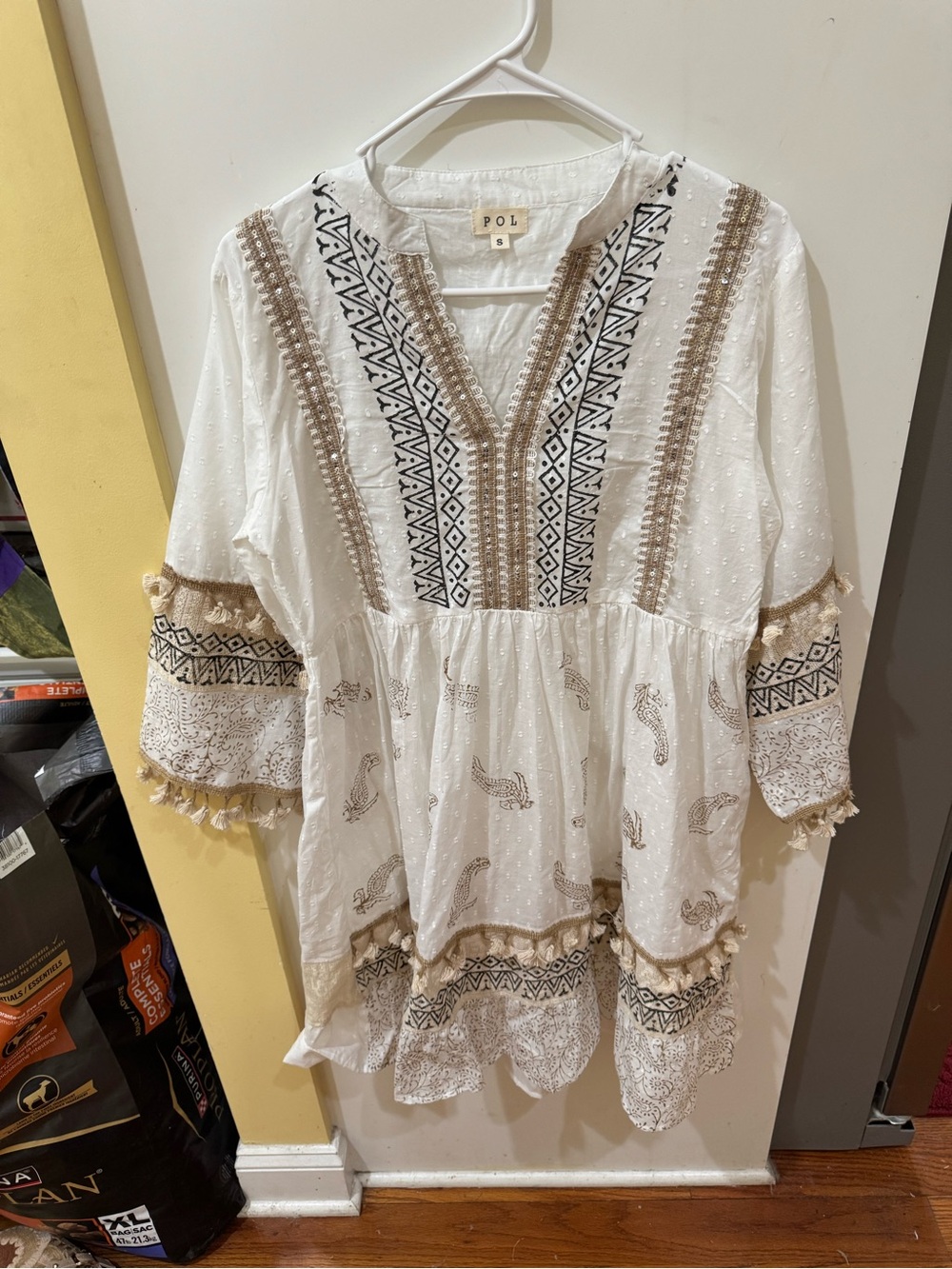 POL White Embroidered Boho V-Neck Tunic with Black and Tan Accents